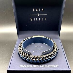 Bain Miller Mens Stainless Steel Blue Leather Woven Bracelet Slide Lock Clasp